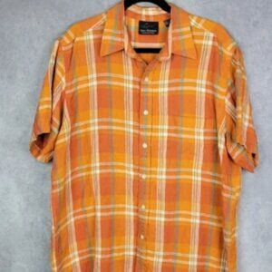 Greg Norman Mens Linen Shirt Short Sleeve Button Down Checked Size L